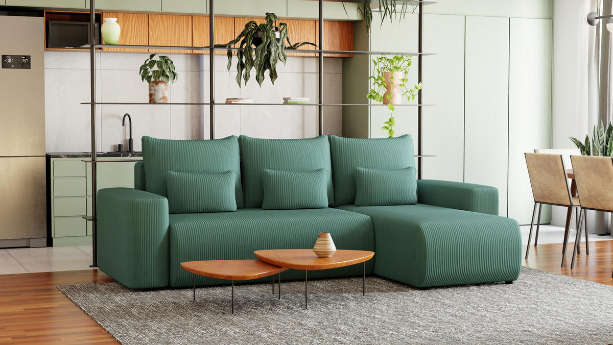 ECKSOFA Travis mit Bettkasten und Schlaffunktion, L-Form, Cord, Universal - Pastellblau, Holzwerkstoff (248/148cm) - 4ALL HOME