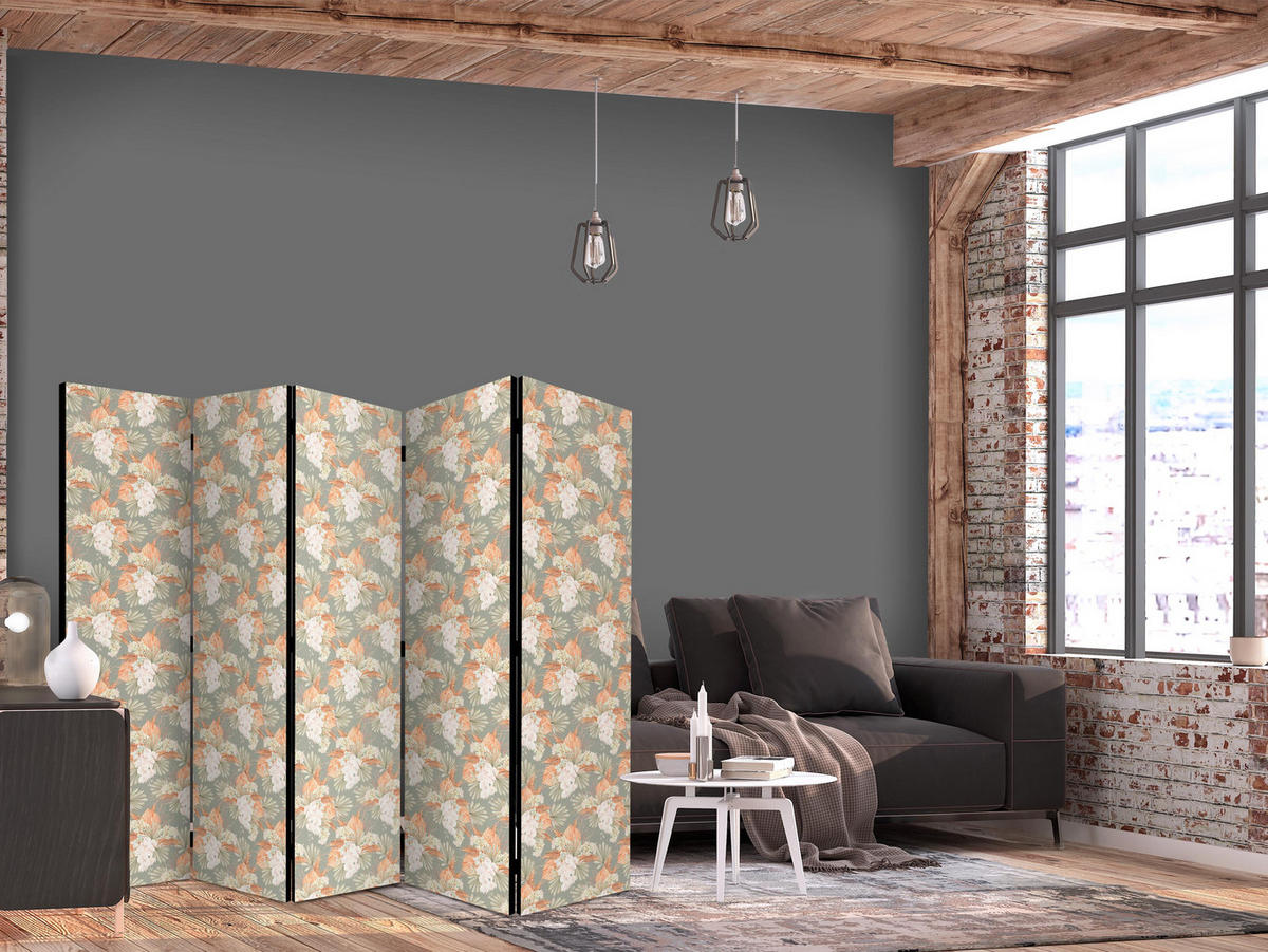PARAVÁN Obojstranný 5-dielny 225x172 cm Tropické Listy a Orchidey - zelená, drevo/textil (225/172/3cm) - Muralo