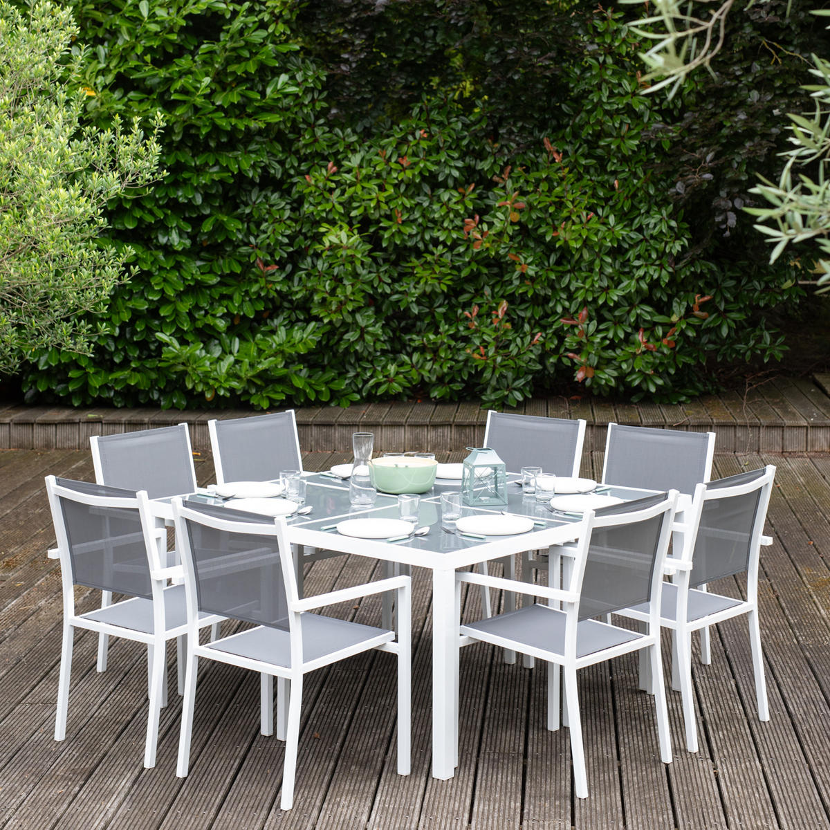 GARTENMÖBEL Cagliari Grau und weiß 8 Plätze - Weiß, Metall - Happy Garden