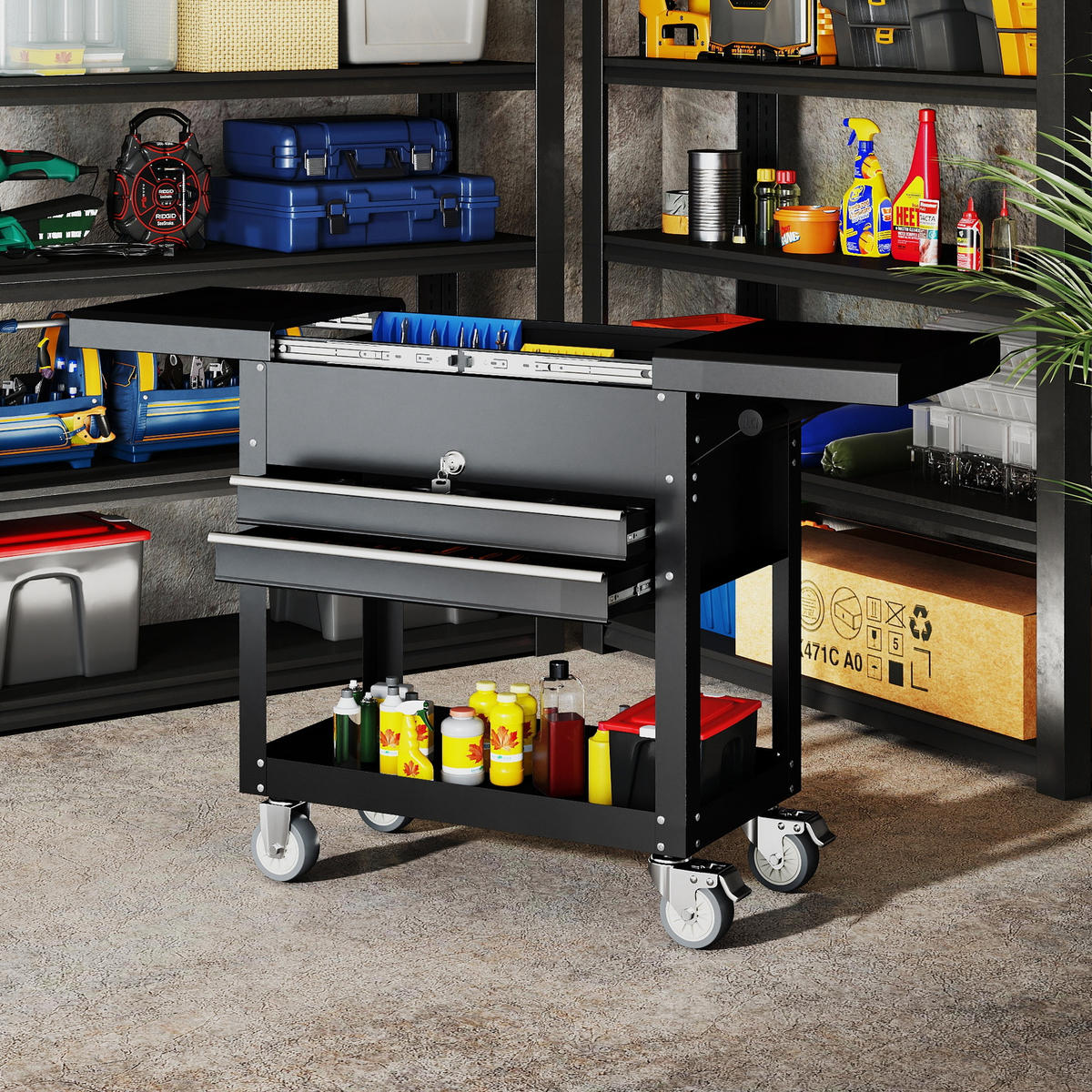WERKSTATTWAGEN abschließbar mit 2 Schubladen, Schiebedeckel, Ablage Schwarz - Schwarz, Metall (38/80/130cm) - HOMCOM