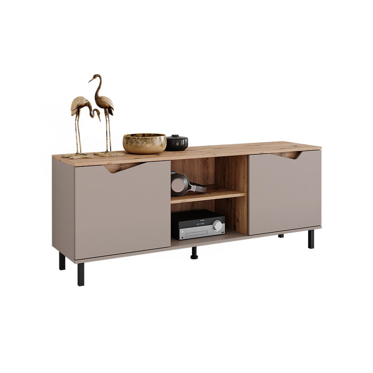 LOWBOARD Marelle Greige/Artisan 150 x 60 cm mit 2 Türen - Greige/Hellgrau, Holzwerkstoff (150/60/38cm) - Vicco