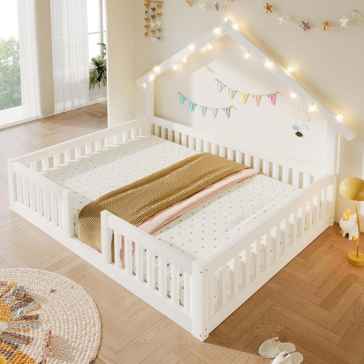 KINDERBETT 140/200 cm in Weiß mit LED und Sicherheitsgitter aus Holz im Hausdesign - Weiß, Holzwerkstoff (140/200cm) - STILVORA