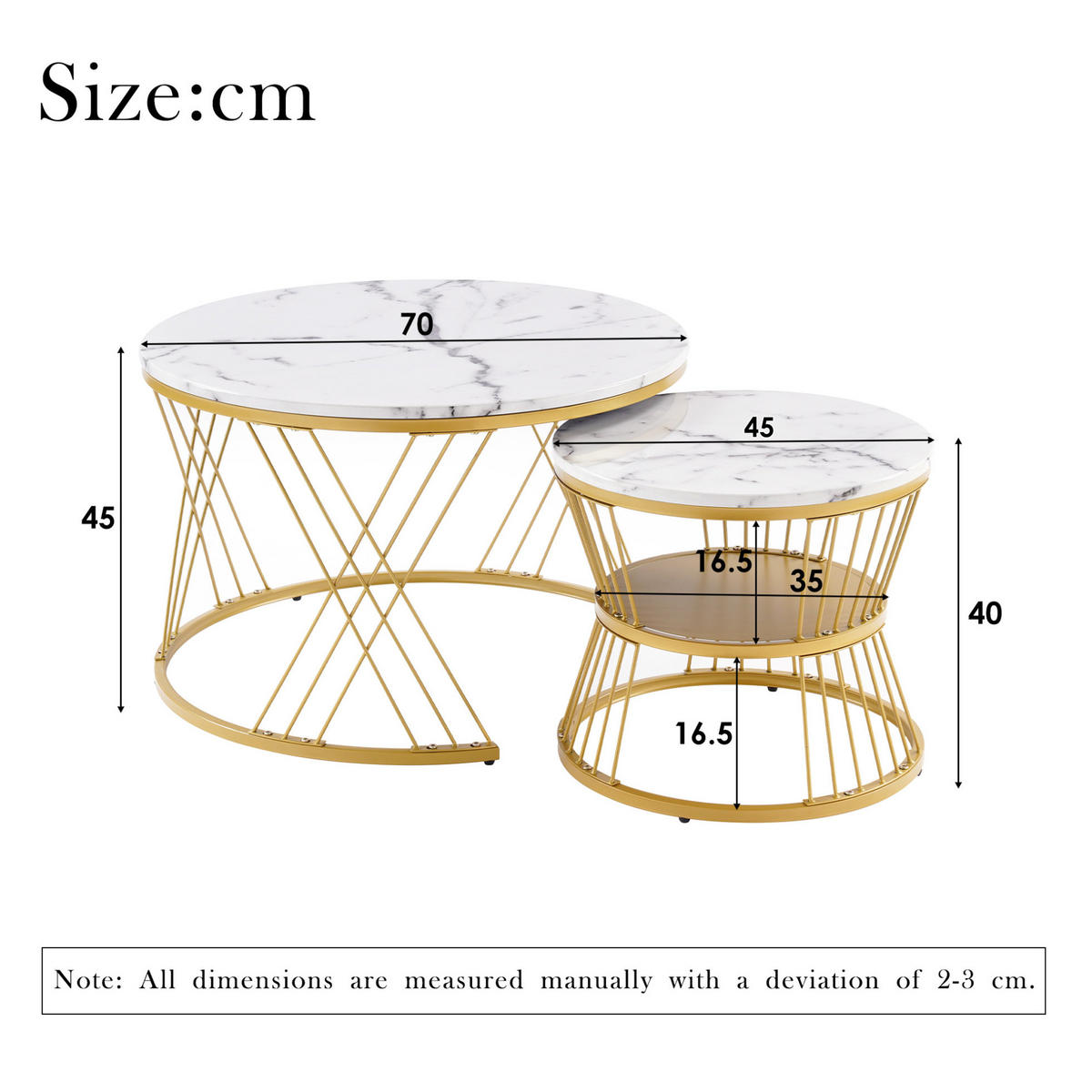 COUCHTISCH-SET 70/70/47 & 45/45/40 cm in Weiß mit Marmormuster und Goldoptik - Weiß, Holzwerkstoff (70/70/45cm) - Flora Grace