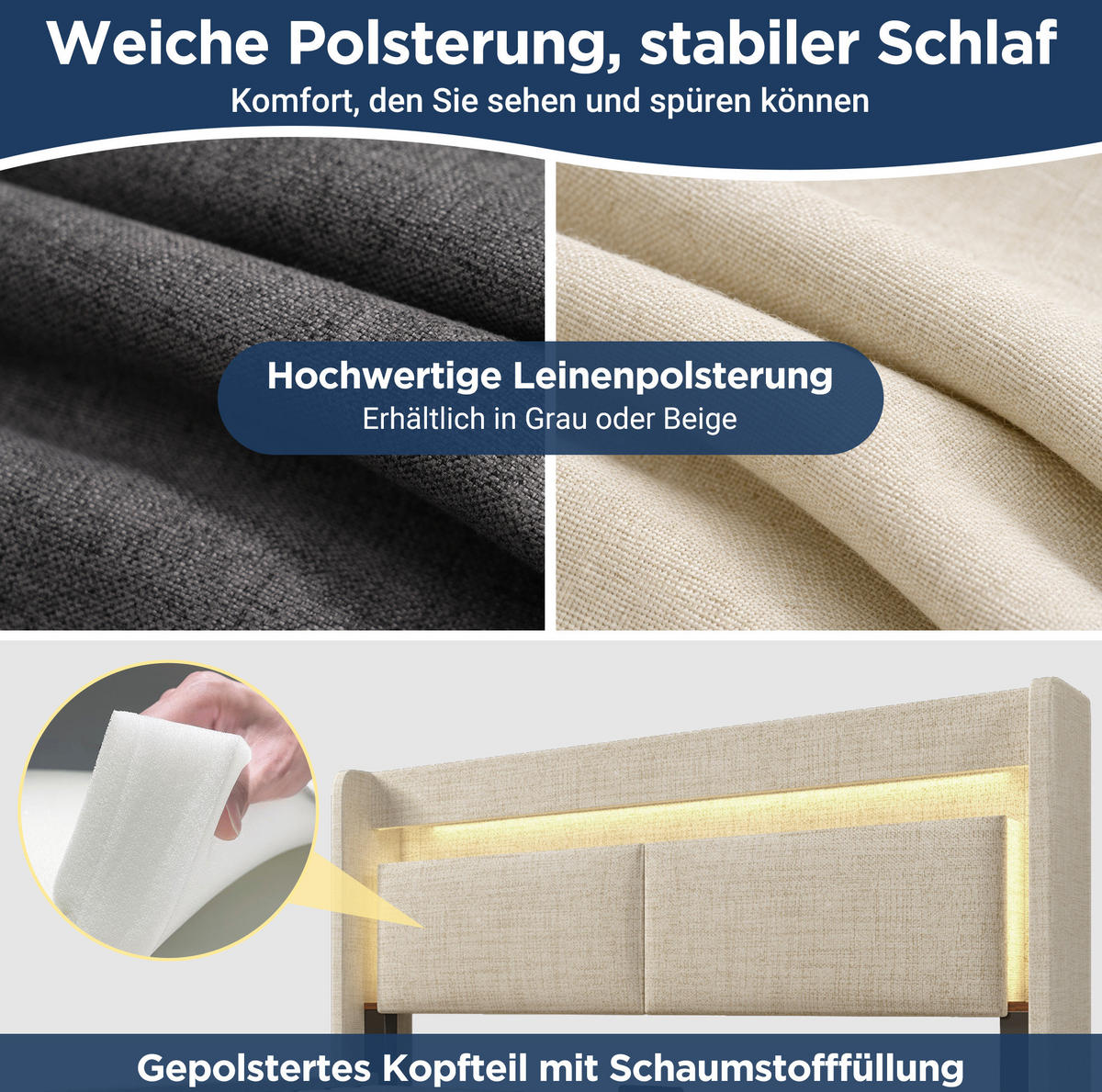 POLSTERBETT 140/200 cm Beige aus Leinen mit Stauraum, LED-Beleuchtung und USB - Beige, Textil (140/200cm) - Flora Grace