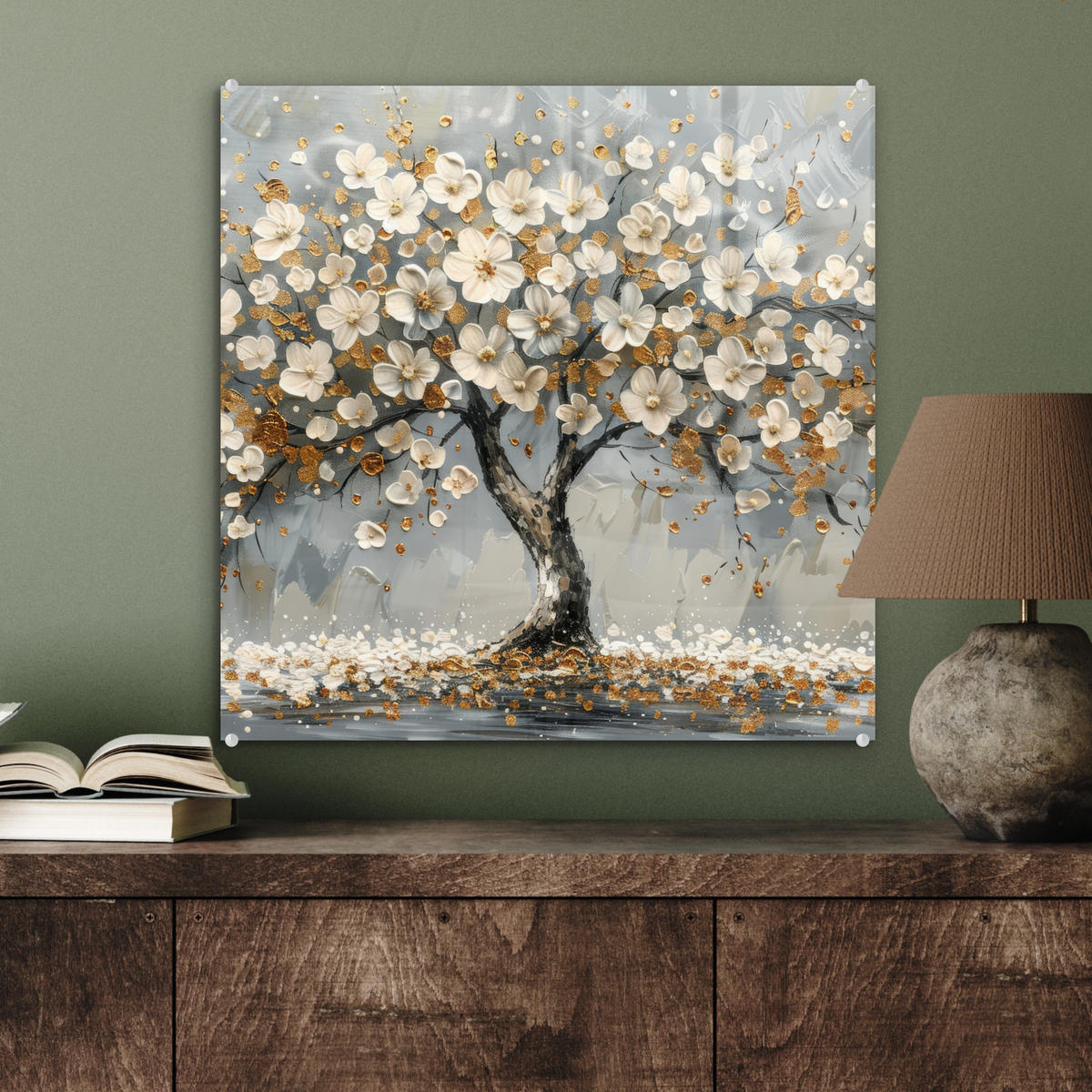 ACRYLGLASBILD Baum - Blumen - Weiß - Natur - Kunst 50x50 cm - Weiß, Glas (50/50cm) - MuchoWow