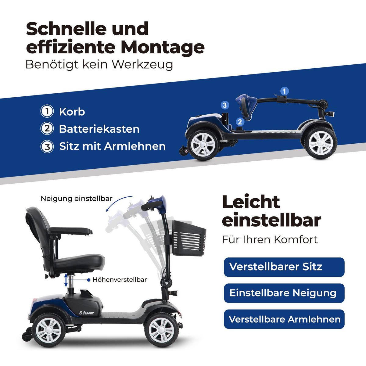 ELEKTROMOBIL 300W 25km Reichweite 360°Drehsitz 136kg Traglast Seniorenmobil - Blau, Metall (50/94.5/119cm) - Gisaae