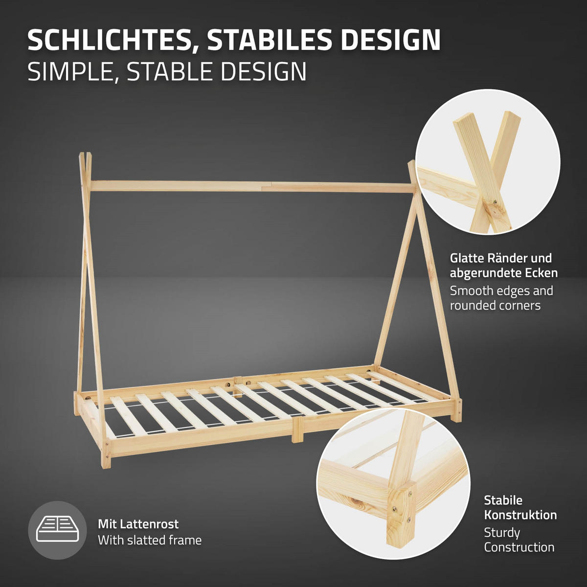 KINDERBETT Tipi mit Matratze 90x200 cm Natur - Naturfarben, Holz (90/200cm) - ML-DESIGN