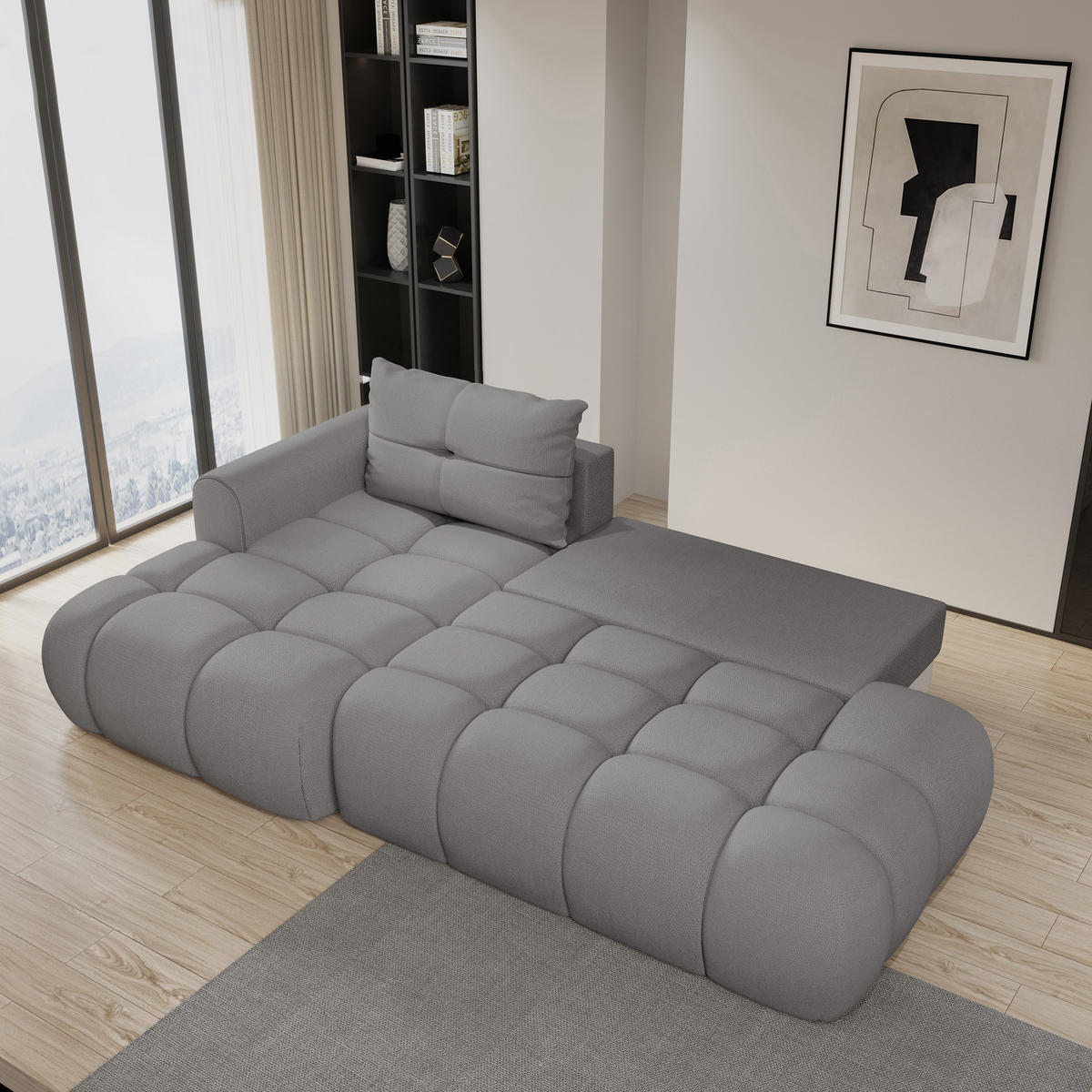 ECKSOFA FLUMA L-S Grau Geflochtener Stoff mit Schlaffunktion - Grau, Holz (274/165cm) - MASSENO