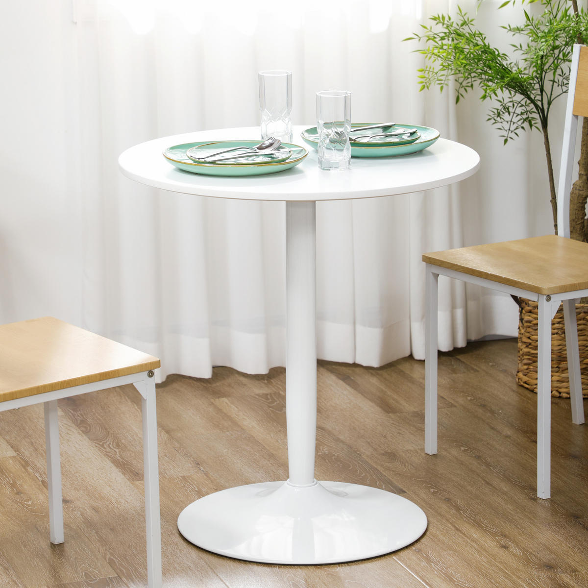 ESSTISCH Runder Küchentisch, Rutschfester Esszimmertisch für 2 Personen Weiß - Weiß, Holzwerkstoff/Metall (70/70/75cm) - HOMCOM