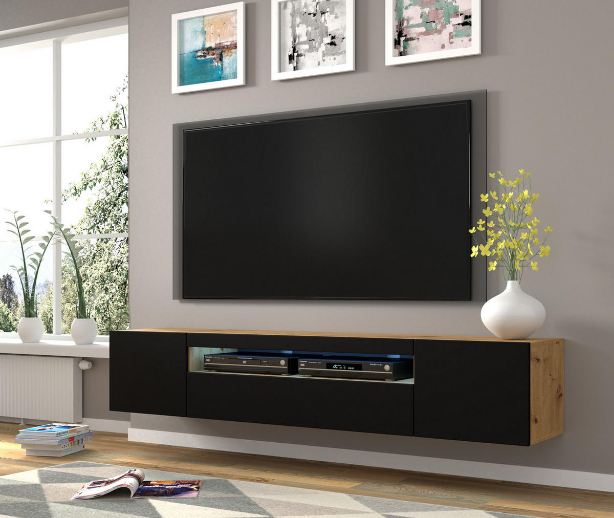 TV LOWBOARD Artisan Eiche, Schwarz 200/42/37 - Schwarz/Eiche Artisan, Holzwerkstoff (200/42/37cm) - RAUMHIRSCH FURNITURE