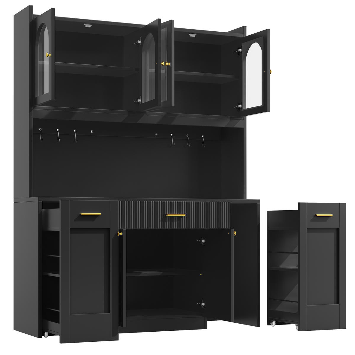 BUFFET DE-38485 120/40/187 cm mit LED und 3 Glasvitrinen Schwarz - Schwarz, Holzwerkstoff (120/187/40cm) - ComfortXL