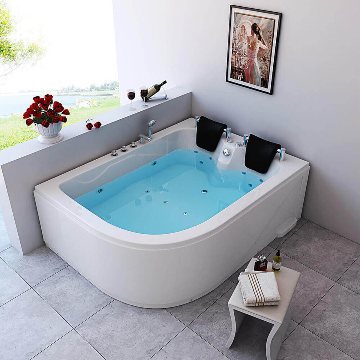 INDOOR Whirlpool für 2 Personen BLUE OCEAN XL - 180 x 120 cm Links - Weiß, Keramik (180/65/120cm) - Home Deluxe
