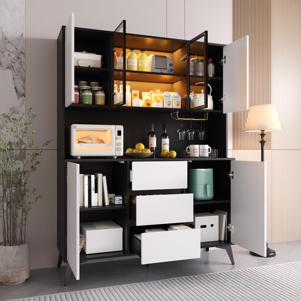 VITRINE LED Hochschrank Schwarz Weiß Glasfront 3 Schubladen - Multicolor, Holzwerkstoff (120/160/40cm) - FLIEKS