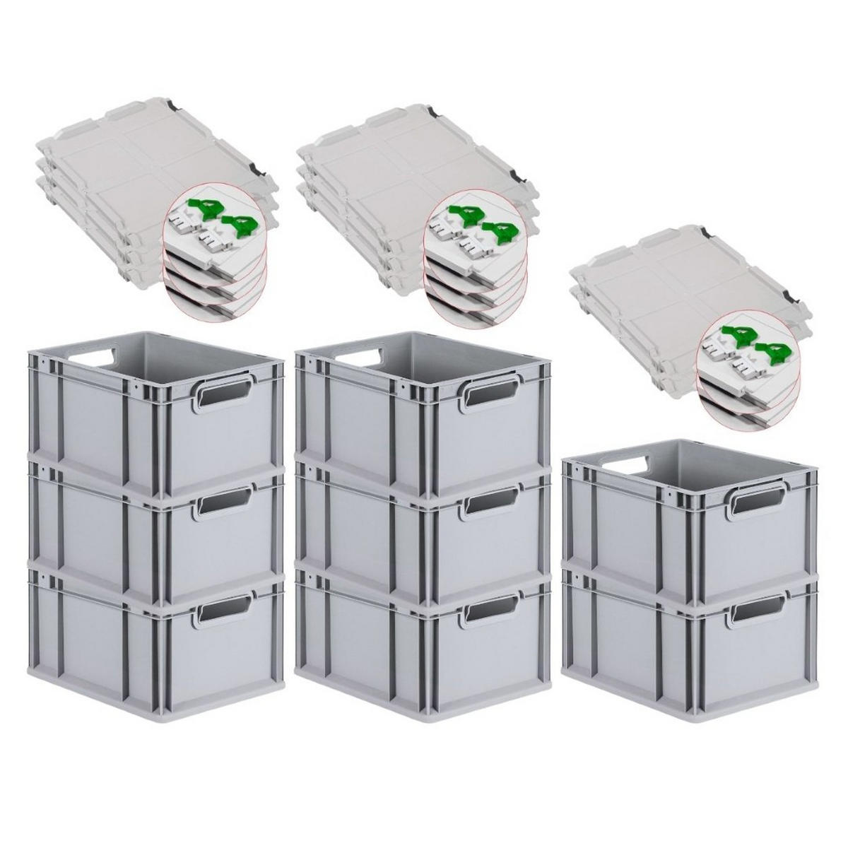 EUROBOX 8x Nextgen Economy Mit Scharnierdeckel Grau/GrünGriffe Offen 20 Liter - Grün, Kunststoff (30/22/40cm) - PROREGAL