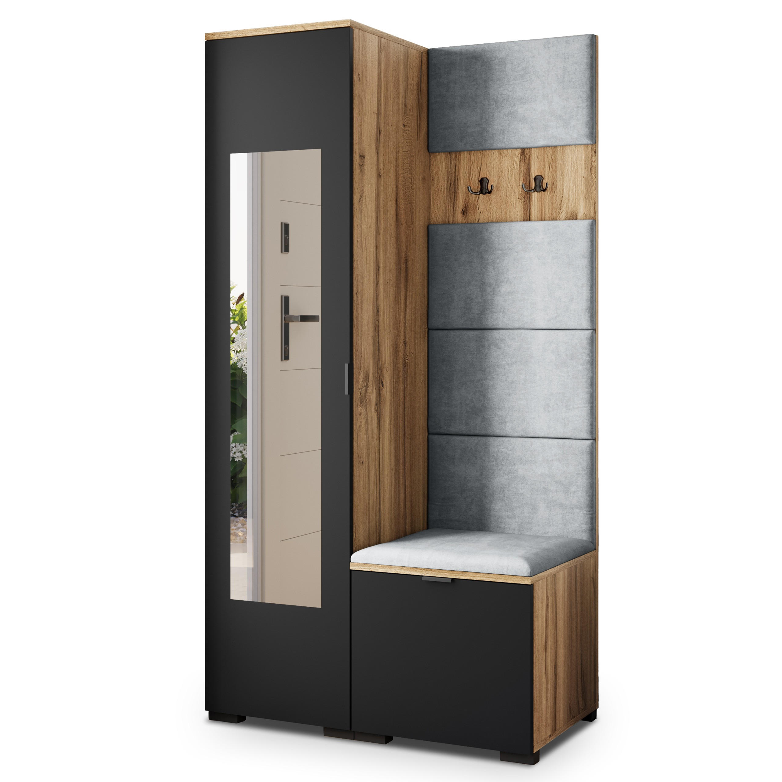 Masseno Garderobenschrank Eiche Wotan, Schwarz, Hellgrau 95x181x51 cm