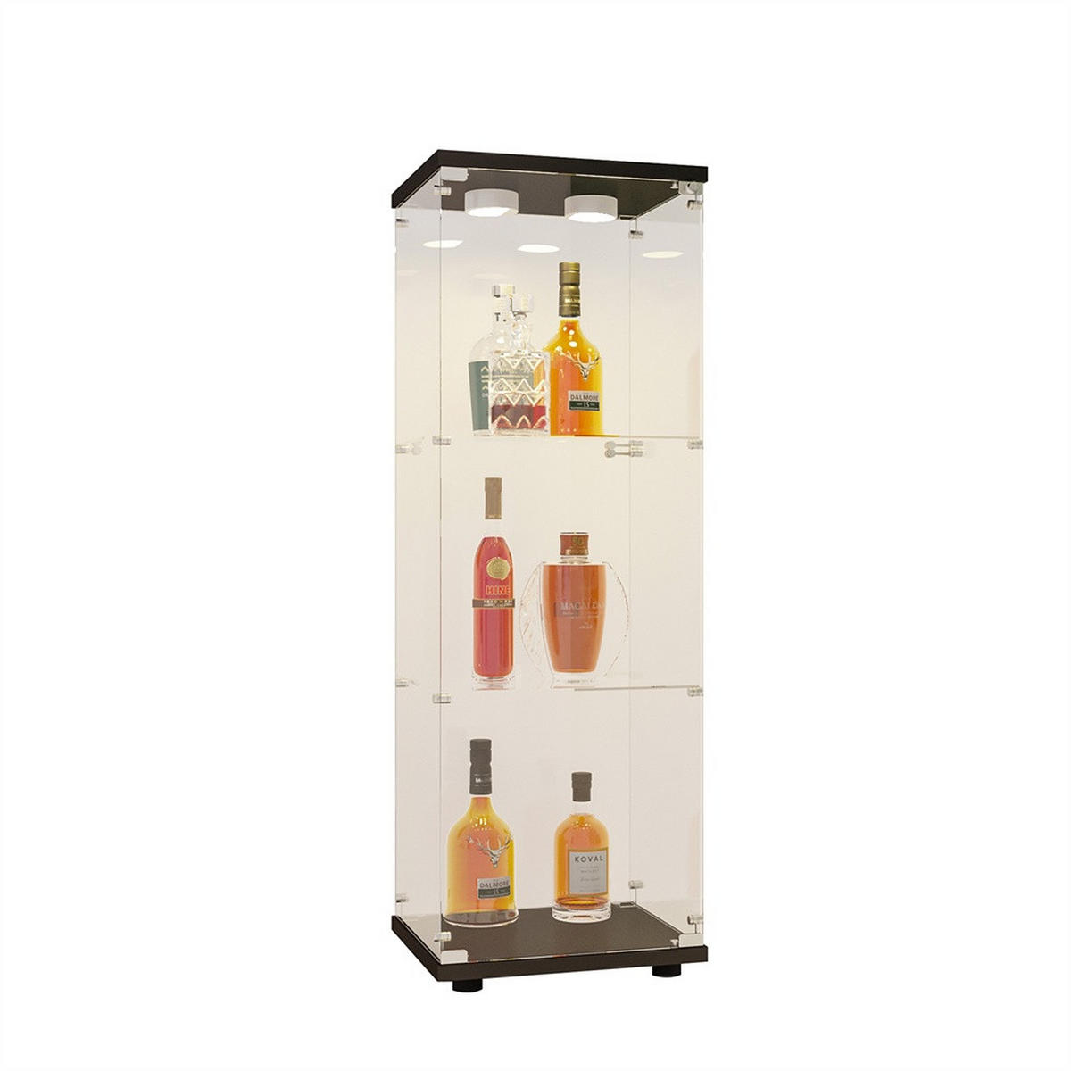 VITRINE - Glasvitrine mit 1 Tür und 3 Ebenen - integrierte LED-Beleuchtung - Schwarze Decken- und Bodenplatte - Schwarz, Glas (42/125/36cm) - DELFA