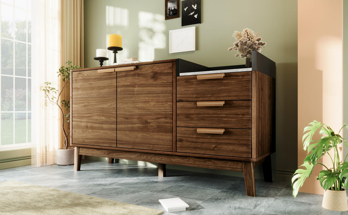 SIDEBOARD in Walnussoptik mit 2 Türen und 3 Schubladen - Braun, Holzwerkstoff (120/77/40cm) - Urban Meuble