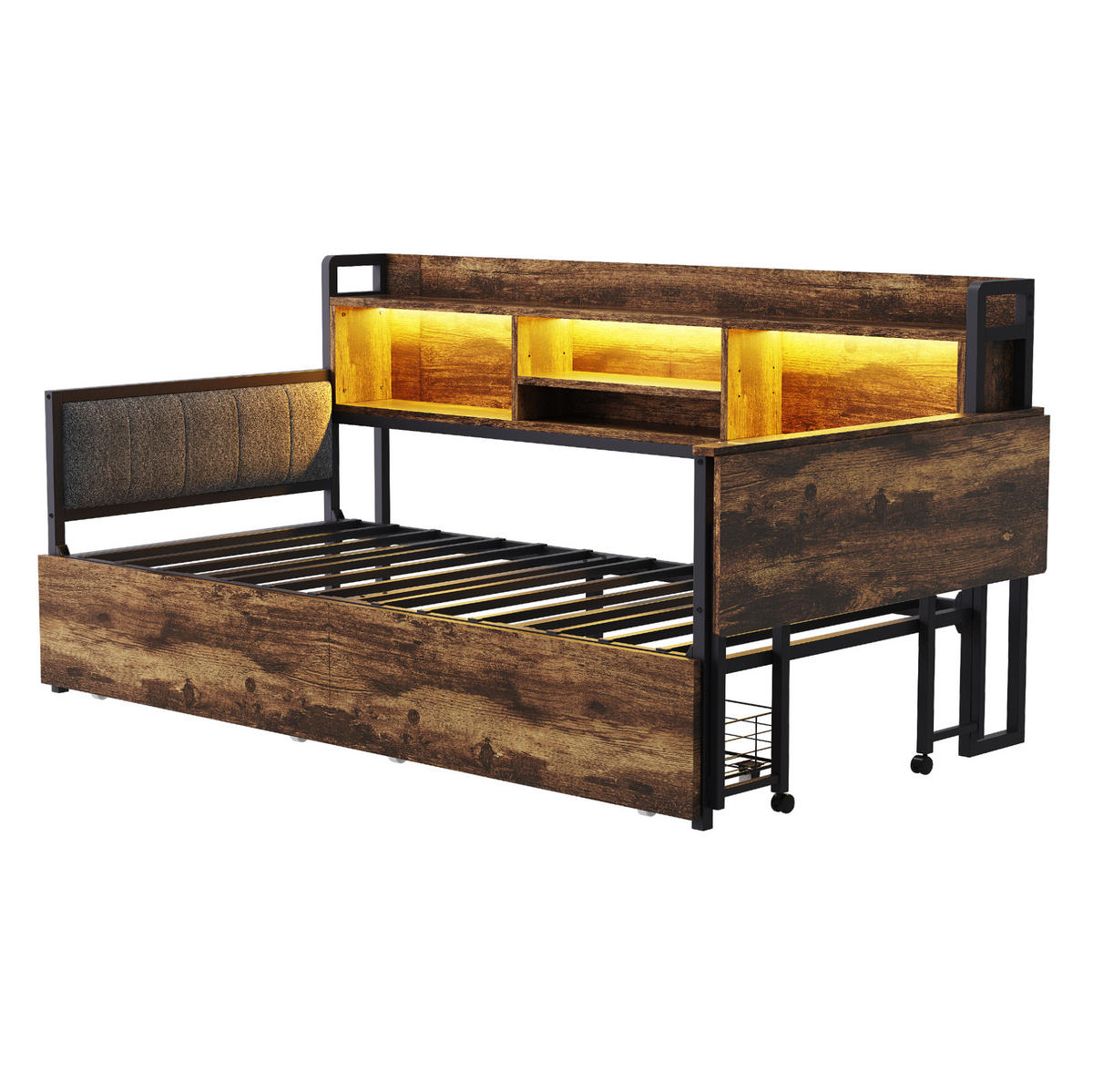 EINZELBETT 90/200 cm mit LED, Steckdose, Klappschreibtisch und 2 Schubladen, Metall, Weiß/ farbe - Naturfarben, Metall (90/200cm) - Redom