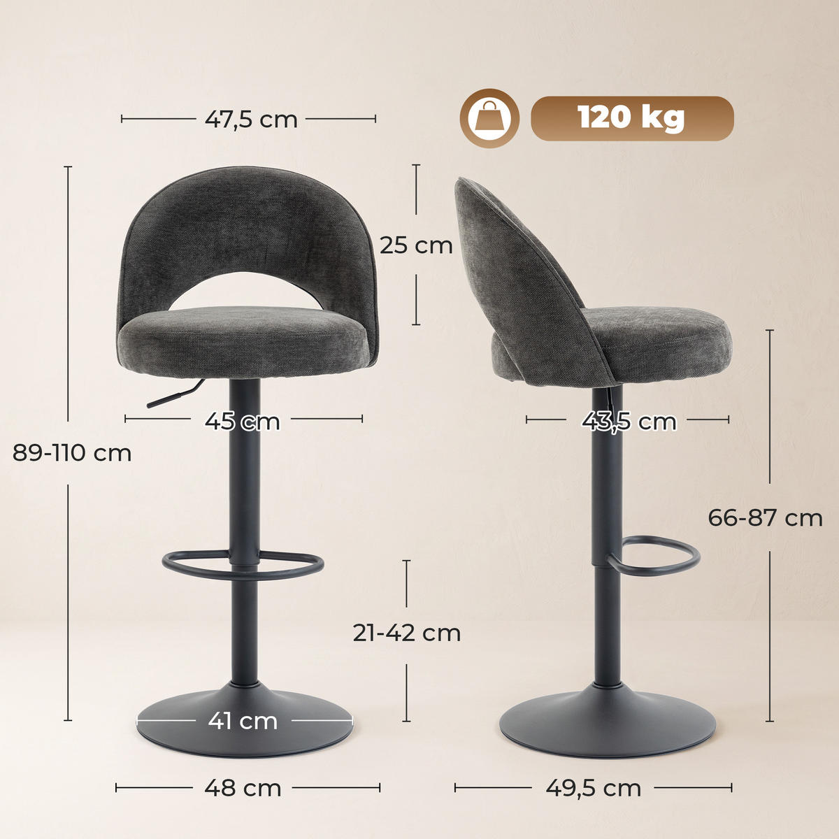 BARHOCKER 2er Set Chenille 100 Polyester Dunkelgrau - Dunkelgrau/Schwarz, Textil/Metall (48/110/49.5cm) - HOMCOM