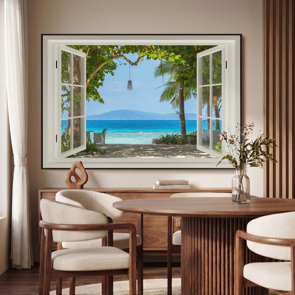 LEINWAND Bilder mit Rahmen - Aussicht - Baum - Meer - Palme - Hügel - Strand - Blau - 120x80 - Blau, Textil (120/80cm) - MuchoWow