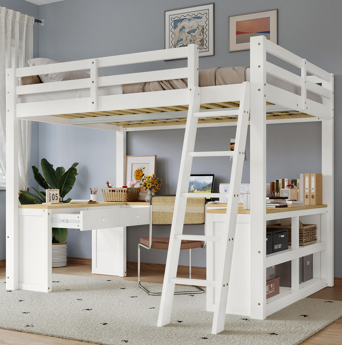 HOCHBETT 140/200 cm, Weiß/Natur mit U-förmigem Langtisch und 2 Schubladen - Weiß, Holz (140/200cm) - MIVRAY