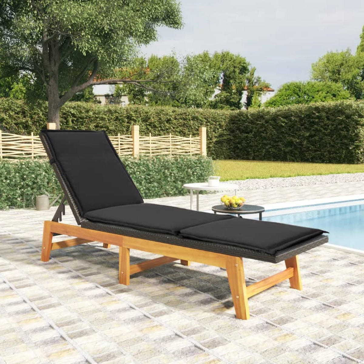 SONNENLIEGE mit Kissen Poly Rattan & Massivholz Akazie - Schwarz, Holz (54/87/200cm) - furnicato