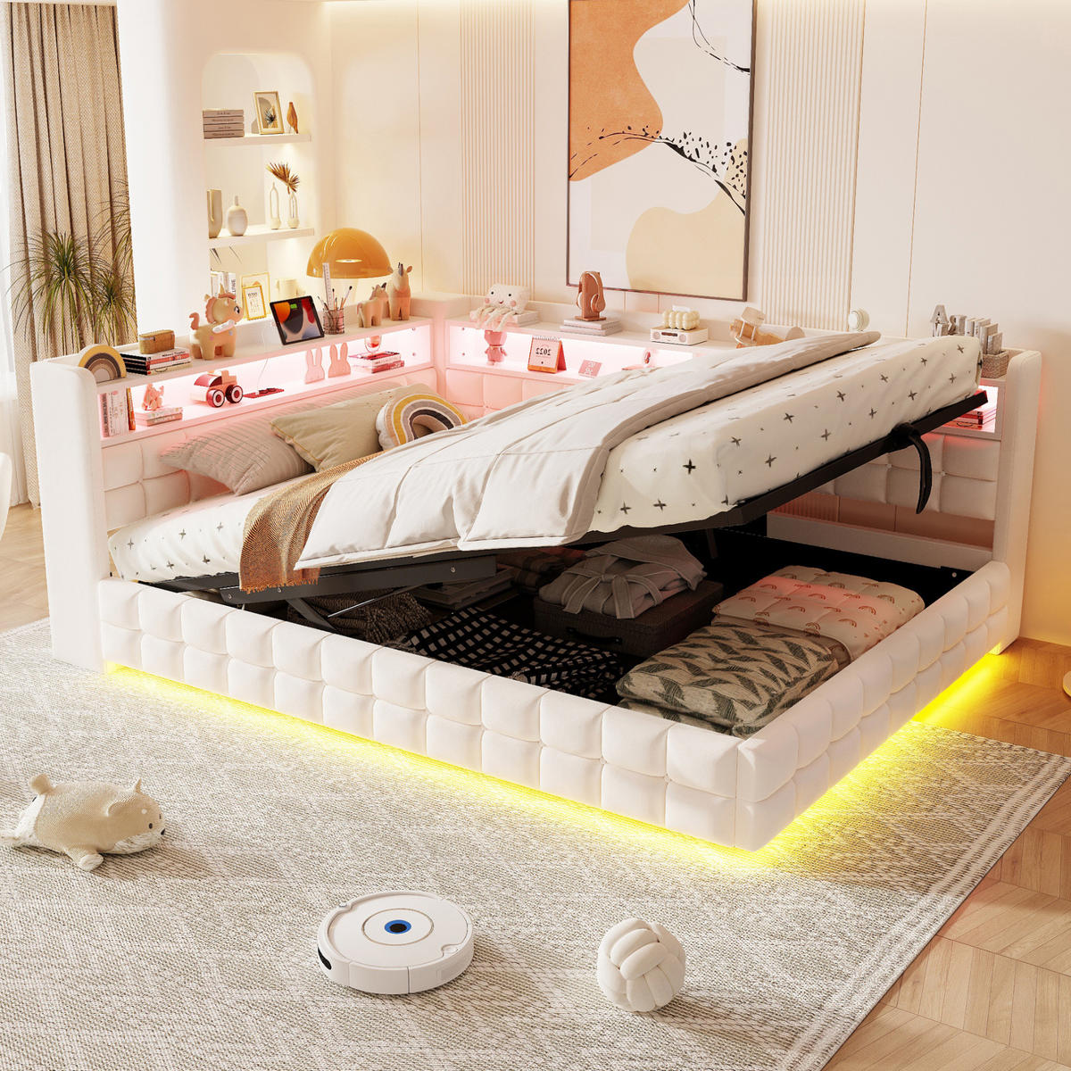 SCHLAFSOFA 140x200 cm in Beige mit hydraulischem Stauraum, LED und Ladeanschlüssen - Beige, Textil (140/200cm) - IVMEU
