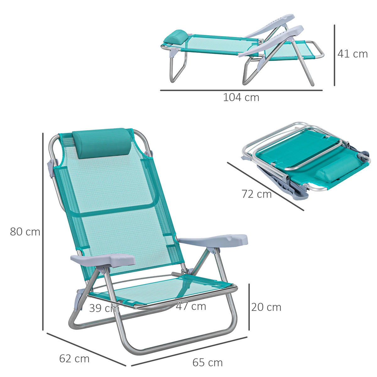 SONNENLIEGE Set aus 2 klappbaren und verstellbaren Campingstühlen mit 6 Höhenverstellungen Grau und Blau 62x65x80 cm - Blau, Metall (62/80/65cm) - Vallsero