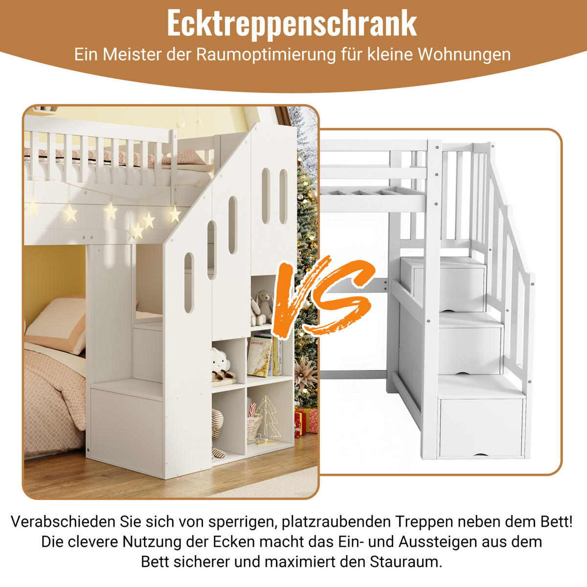 VISOKA postelja 90/200 cm bela z drsnikom, stopnicami za shranjevanje in LED-osvetlitvijo iz borovine in MDF - bela, leseni material (90/200cm) - OKWISH