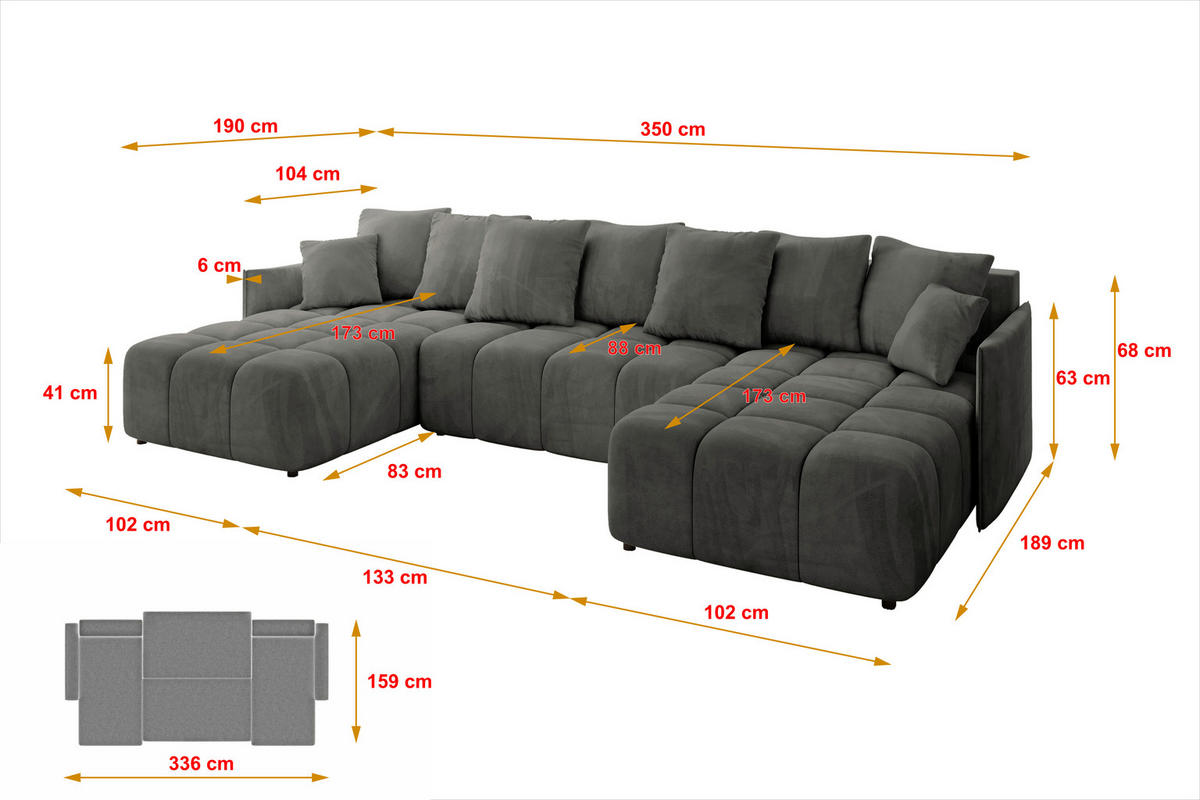 WOHNLANDSCHAFT LONLI-U 355x189x68 Dunkelgrau Velours - Anthrazit, Holzwerkstoff/Kunststoff (350/68/190cm) - ALTDECOR