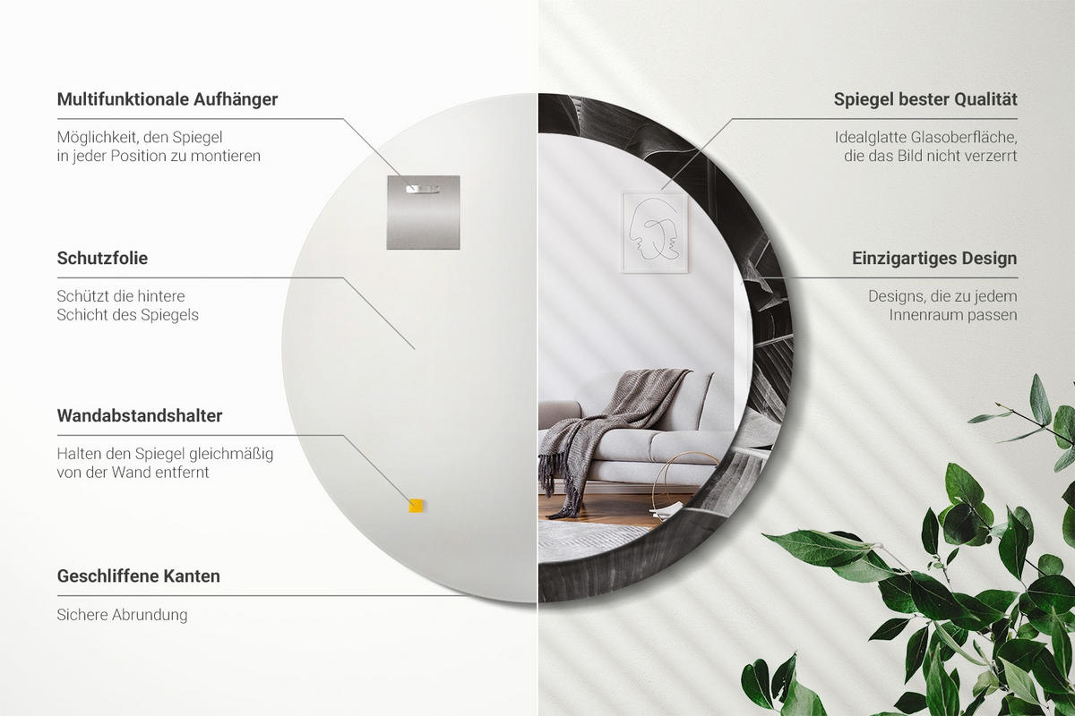 SPIEGEL Rund Ø 90 cm mit Aufdruck - Grau, Glas (90/90/0.4cm) - Wallfluent