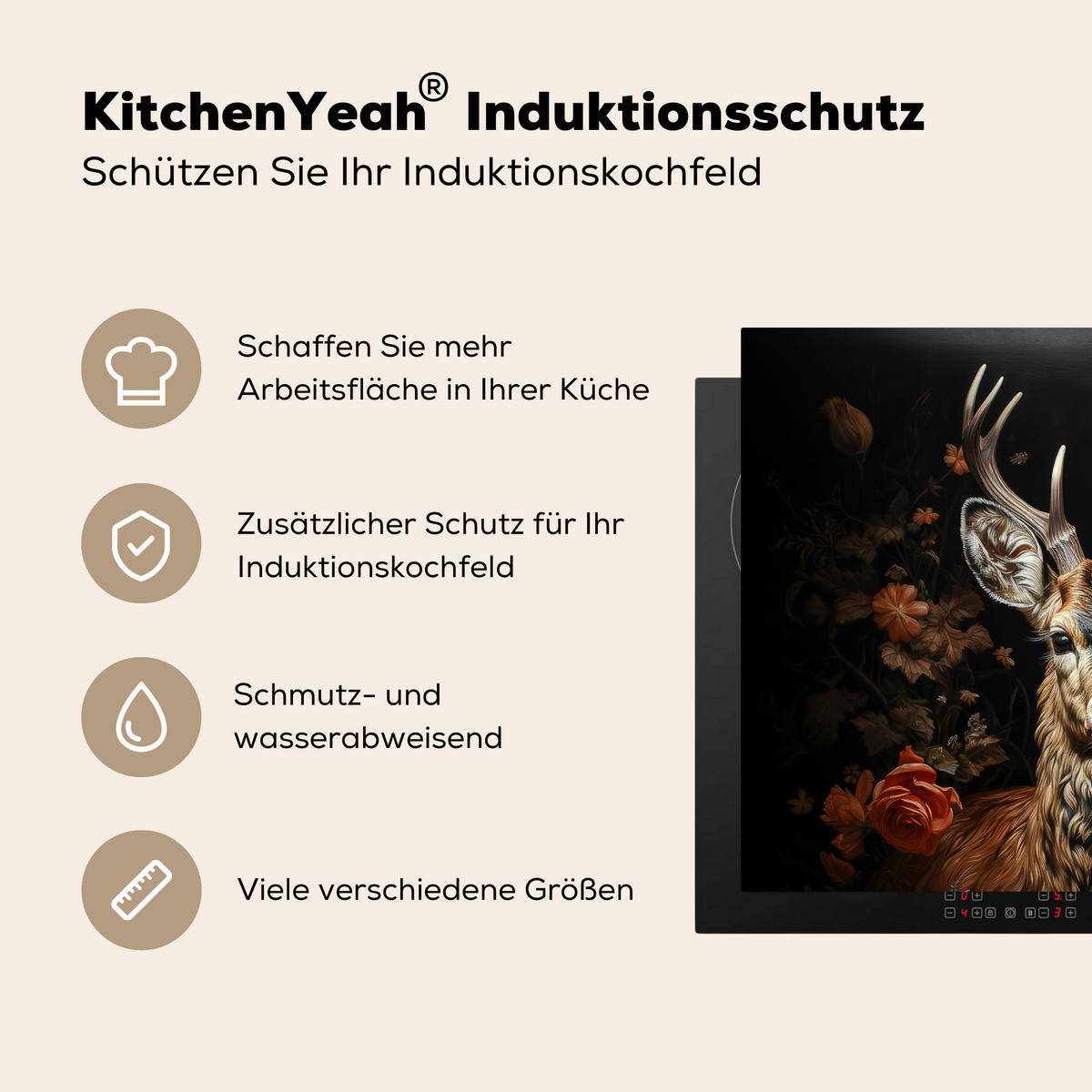 HERDABDECKPLATTE Hirsch - Tier - Blumen - Natur - Botanisch 77x59 cm - Kupferfarben, Kunststoff (77/0.2/59cm) - MuchoWow