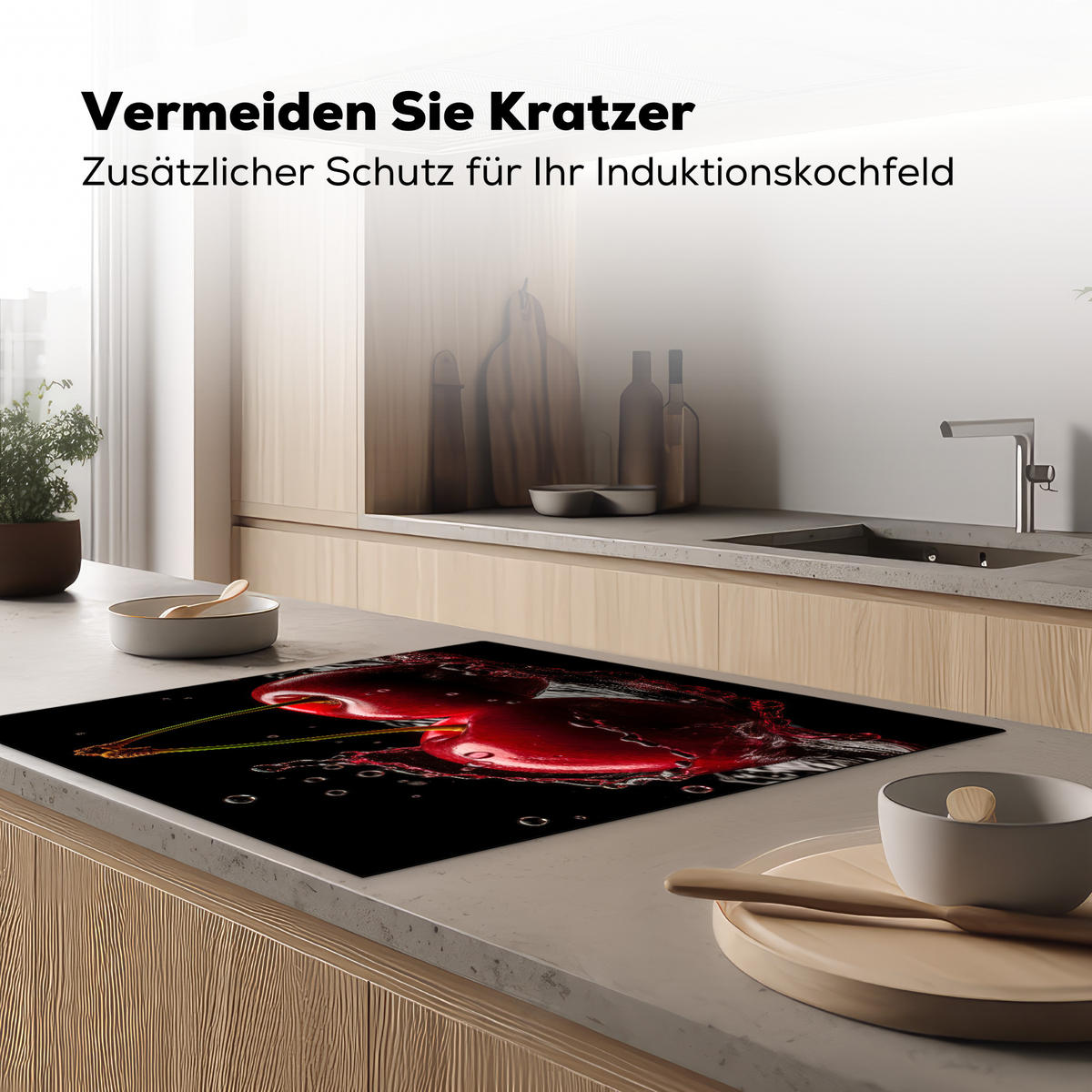 HERDABDECKPLATTE Kirsche - Rot - Frucht - Wasser - Schwarz 78x78 cm - Kirschrot, Kunststoff (78/78/0.2cm) - MuchoWow