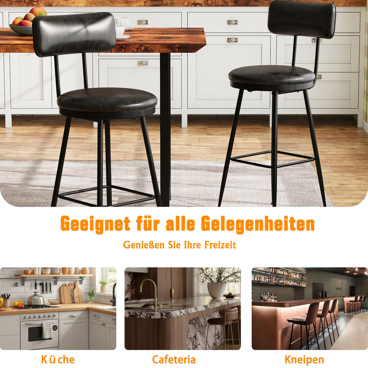 BARHOCKER 2er Set Metallgestell Kunstleder Rückenlehne Fußstütze 65 cm schwarz - Schwarz, Holz (38/85.5/38cm) - Fortuna Lai