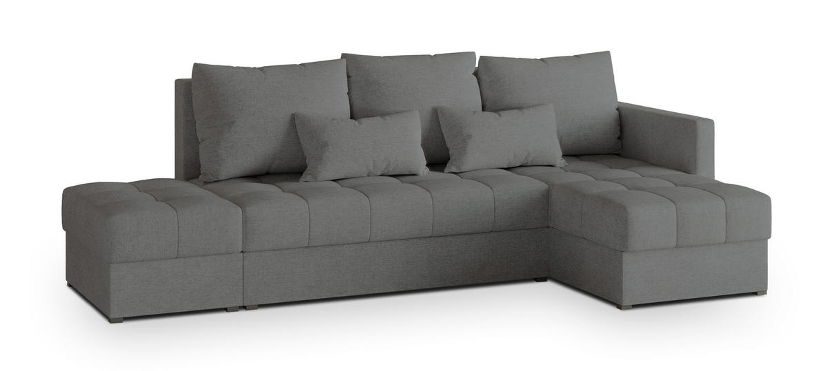 ECKSOFA LUMARI R-S Grau Plüsch-Stoff mit Schlaffunktion - Grau, Holz (262/143cm) - MASSENO