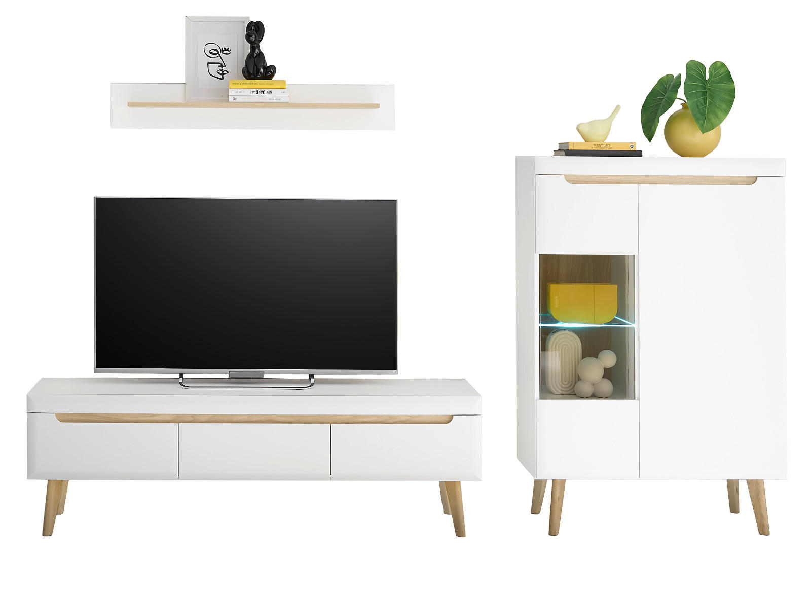 WOHNWAND 3-teilig weiß matt, Eiche, skandinavisch 270 cm, Schrankwand mit Soft-Close-Funktion - Eichefarben/Weiß, Glas/Eichenholz (270/170/40cm) - Furn.Design