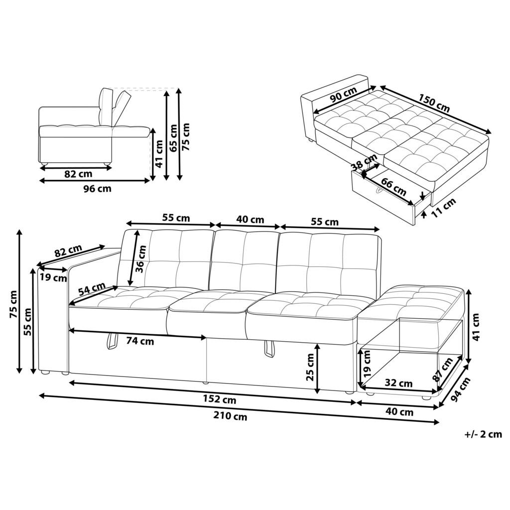 Thumbnail - Beliani 3-Sitzer-Schlafsofa, Grau, Textil, 210x71x94 cm, Wohnzimmer, Sofas & Couches, Schlafsofas