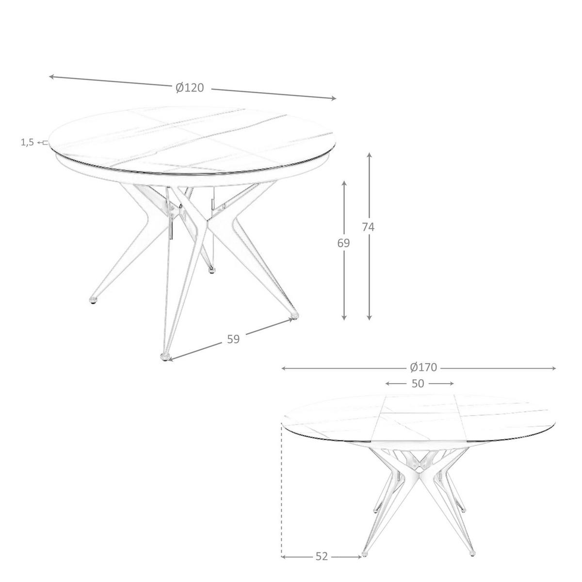 ESSTISCH Runder ausziehbarer Esstisch aus Porzellanmarmor und grauem Stahl Ø120/77 cm - Weiß/Grau, Stein (120/120/77cm) - ANGEL CERDA