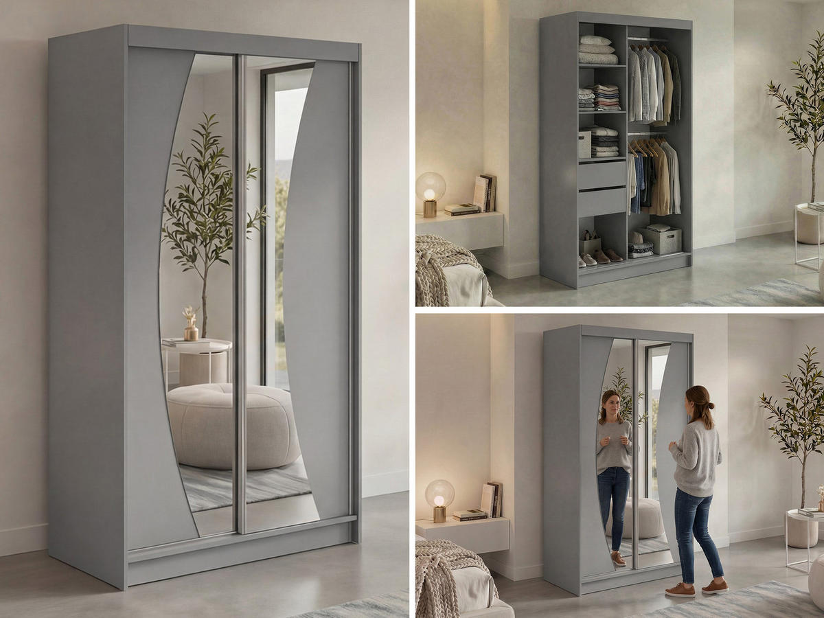 SCHWEBETÜRENSCHRANK mit Schubladen 120 - VERONA - Grau mit Spiegel - Alufarben/Grau, Holzwerkstoff/Metall (120/216/61cm) - MKS