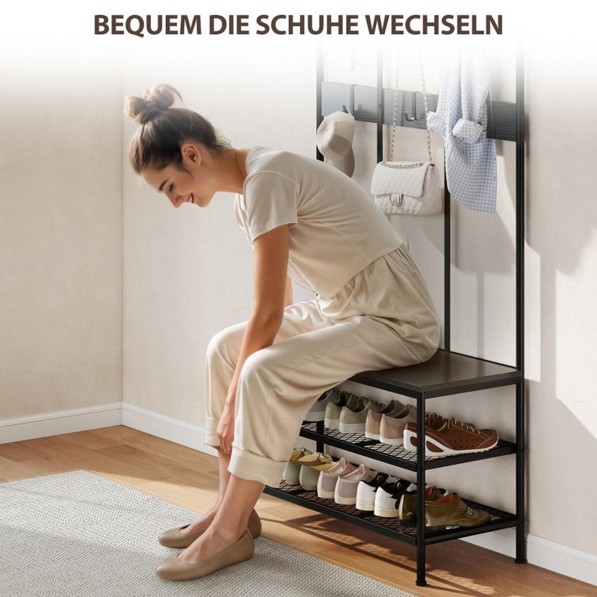 STANDGARDEROBE 91/36/180 cm mit 6 Haken, Sitzbank und Schuhablage in Schwarz - Schwarz, Metall (91/180/36cm) - BEAOK