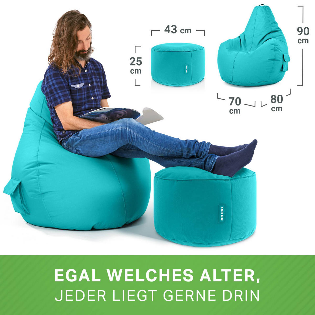 SITZSACK + Hocker "Cozy+Stay" 2er Set - Türkis, Textil (70/90/80cm) - Green Bean