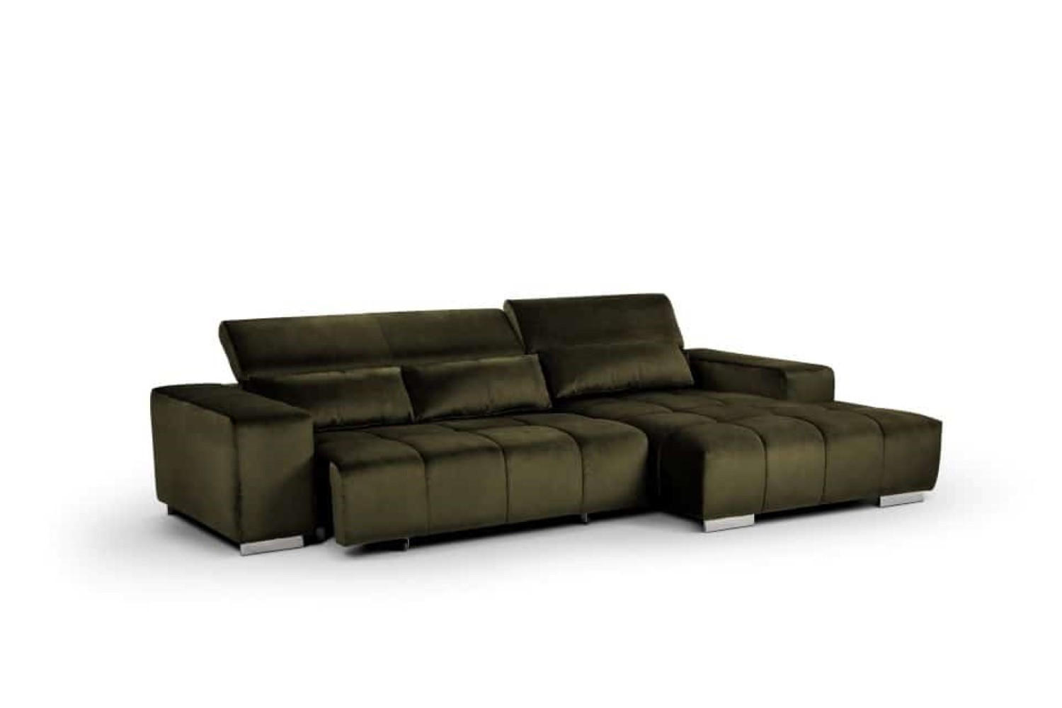 ECKSOFA mit elektrischem Sitzvorschub und verstellbaren Kopflehnen - Chromfarben/Dunkelgrün, Textil (186/307cm) - Cotta
