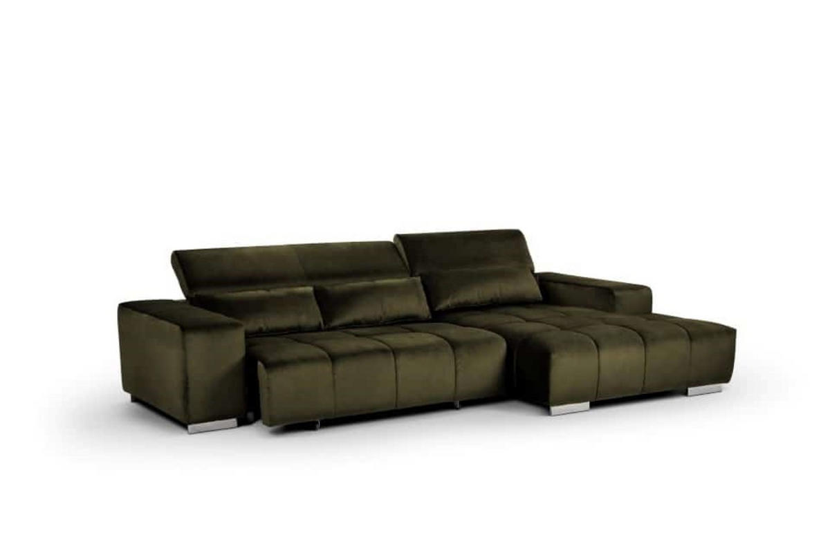 ECKSOFA mit elektrischem Sitzvorschub und verstellbaren Kopflehnen - Chromfarben/Dunkelgrün, Textil (186/307cm) - Cotta