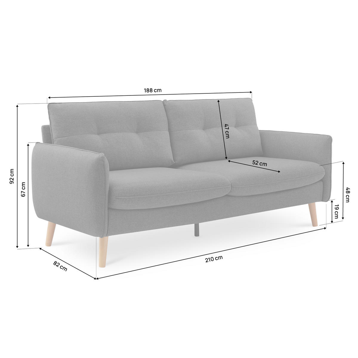 3-SITZER-SOFA Chloé Skandinavisches aus dunkelgrauem Stoff - Dunkelgrau/Akaziefarben, Holz/Holzwerkstoff (210/92/82cm) - Sicaan