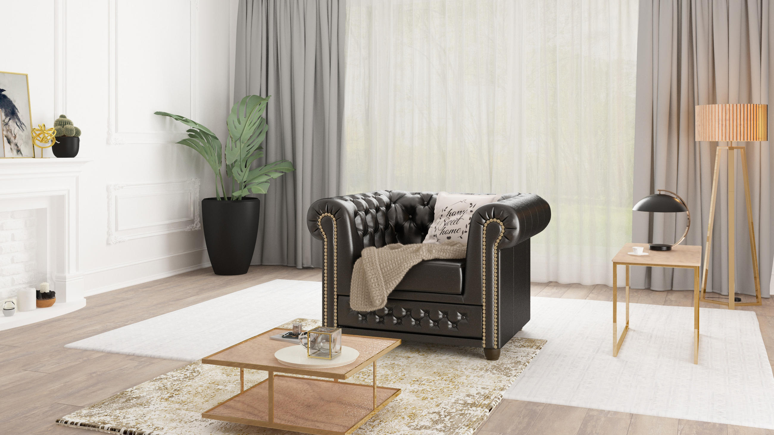 CHESTERFIELD-SESSEL Morin Schwarz vegan Leder - Schwarz/Braun, Holz/Textil (94/72/86cm) - S-Style Möbel