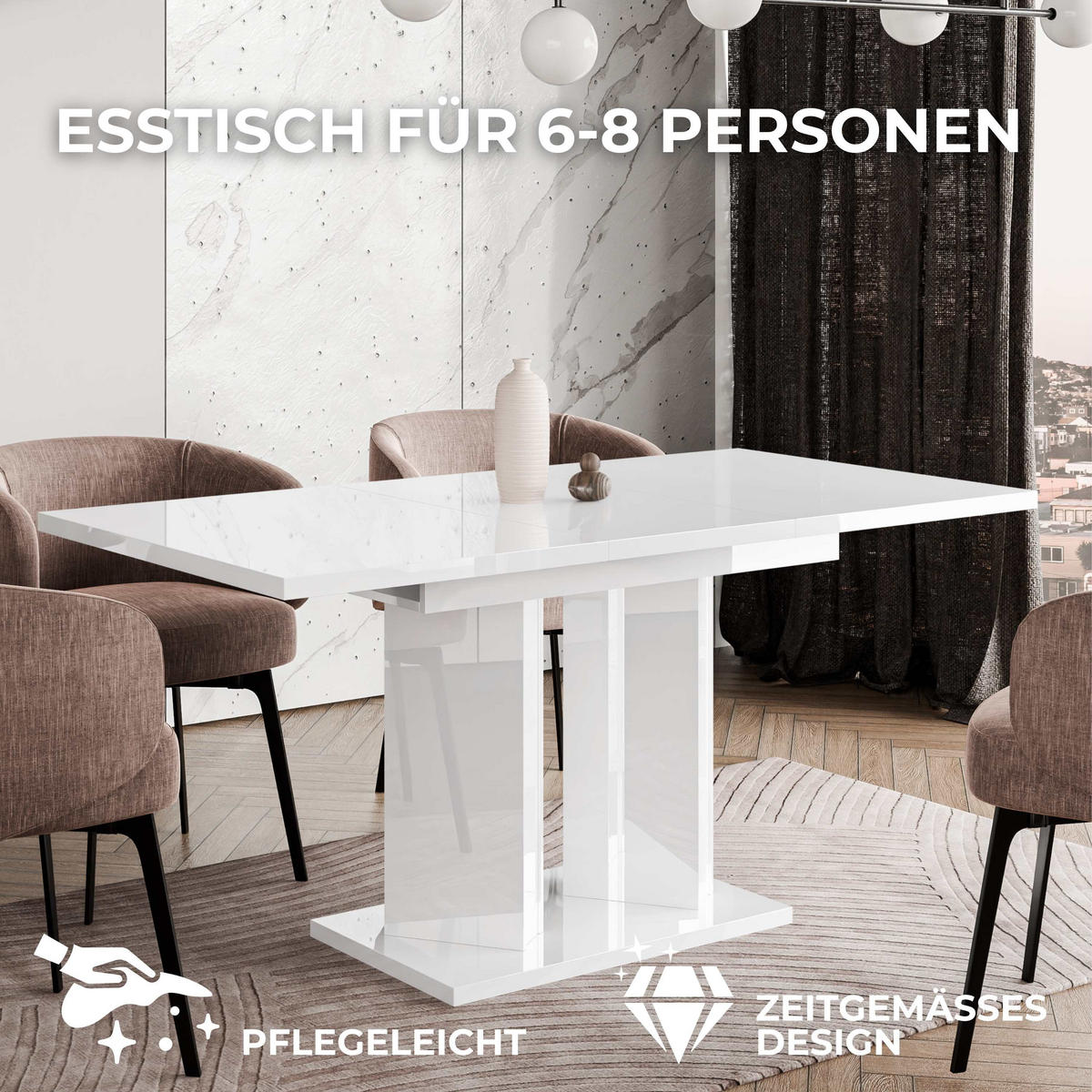 ESSTISCH ausziehbar in Weiß glänzend - Weiß, Holzwerkstoff (80/160/75cm) - Home Collective