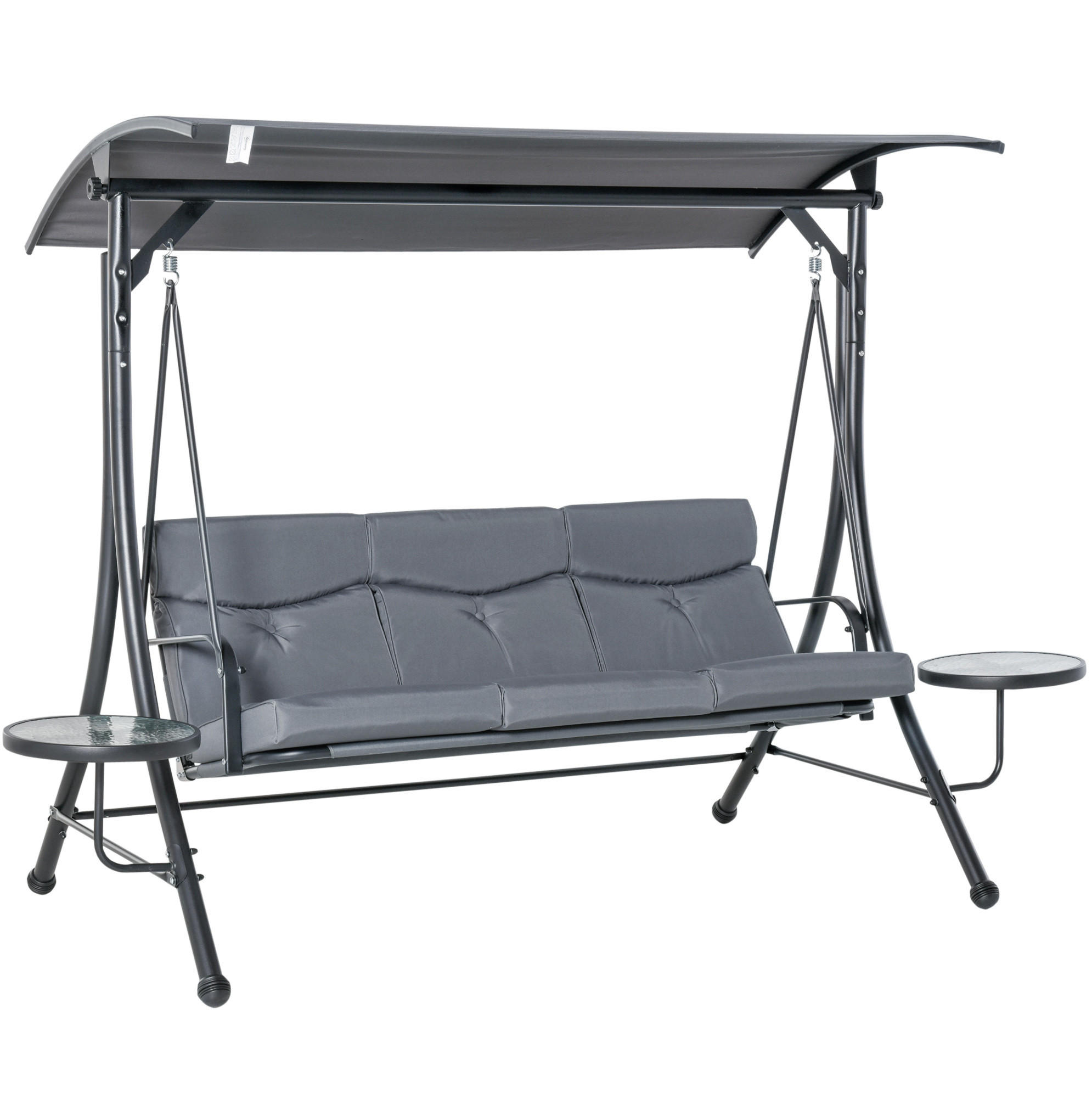 HOLLYWOODSCHAUKEL 271/125/177 cm aus Stahl mit verstellbarem Sonnendach und 2 Glastischen, Grau - Grau, Metall (125/177/271cm) - Redom