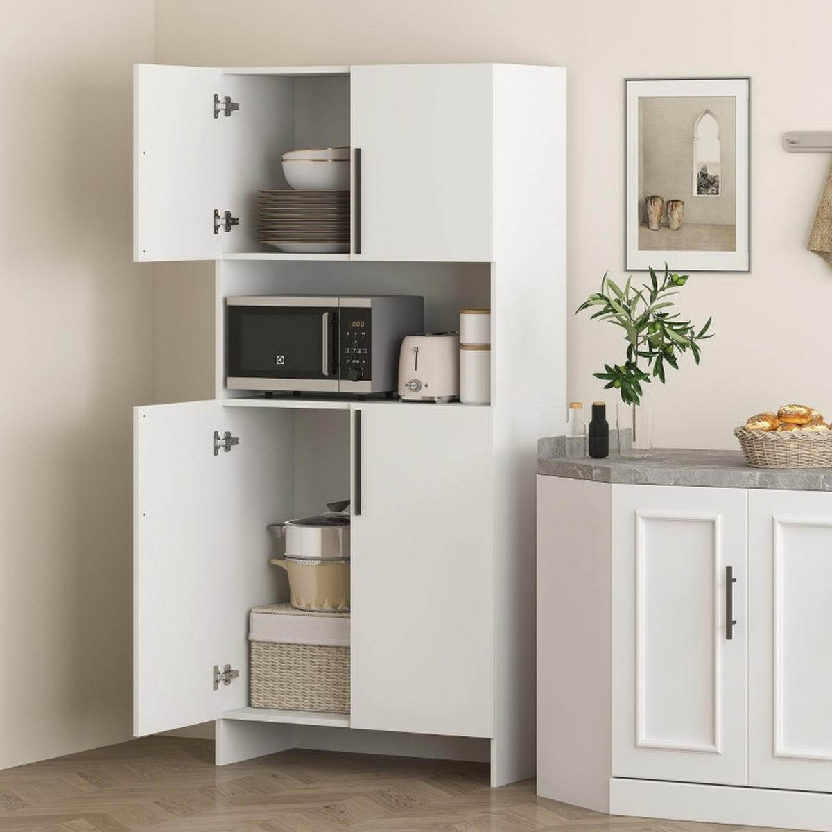 SIDEBOARD 79/40/175 cm Weiß aus Holz mit Mikrowellenablage - Weiß, Holz (79/175/40cm) - OKWISH