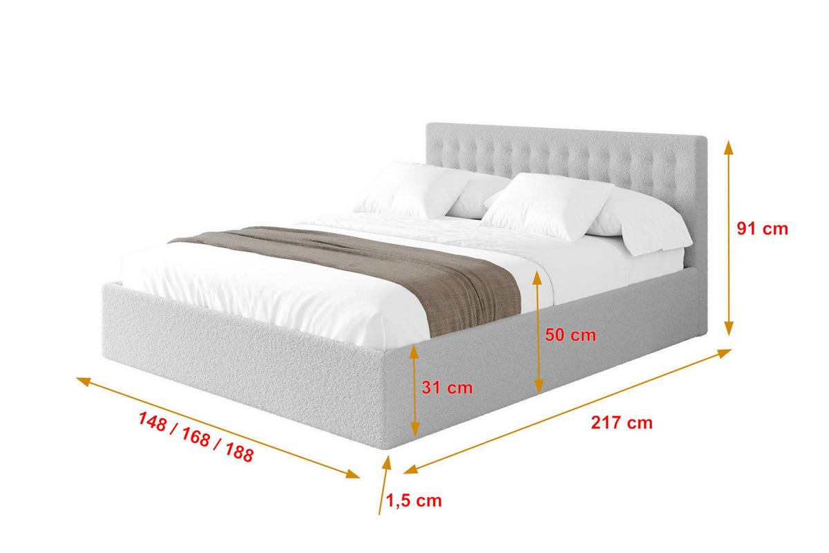 POLSTERBETT mit Bettkasten und Lattenrost, Boxbett ohne Matratze - PARI 180x200 Hellgrau - Silberfarben, Holzwerkstoff/Textil (180/200cm) - ALTDECOR