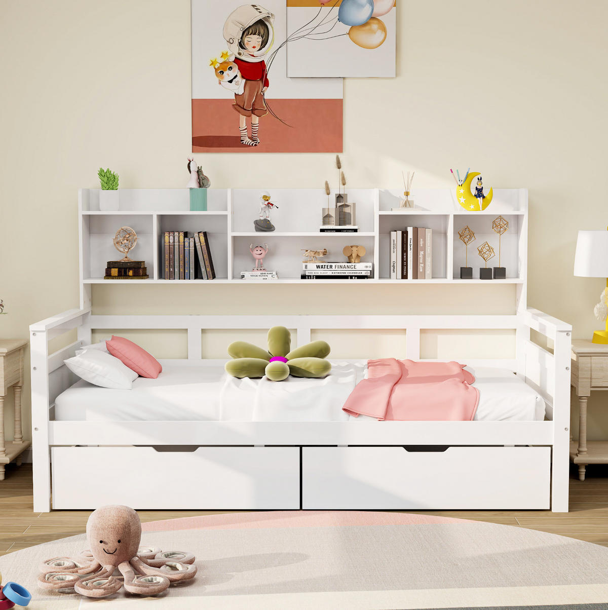 KINDERBETT 90/200 cm als Schlafsofa mit 2 Schubladen, Seitenregalen und Lattenrost, Weiß - Weiß, Holzwerkstoff (90/200cm) - Redom